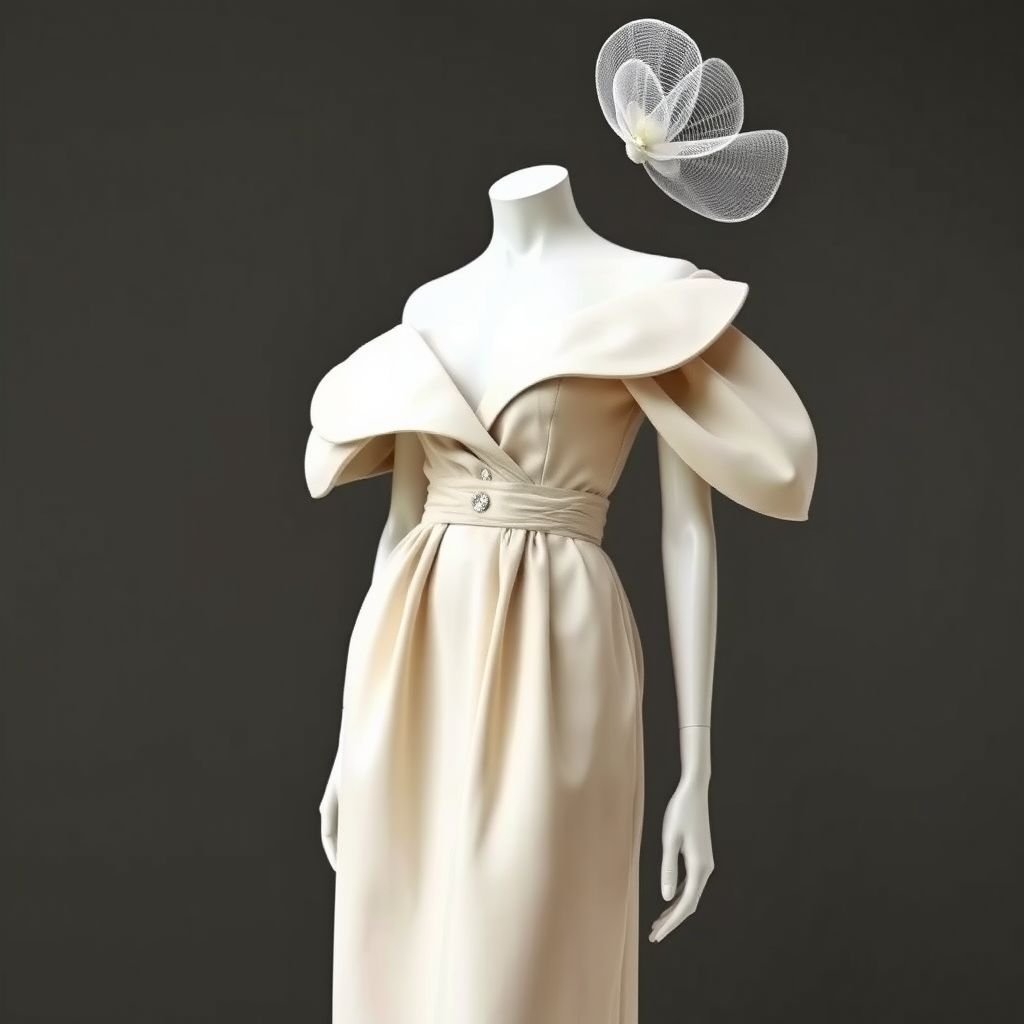Straight, structured skirt in duchesse fabric. Upper part in thick material with a structured leaf-shaped sleeve. Waist with gathered detail and falling stone embellishments. Accessory: light organza hat.
Design a minimalist ensemble featuring a structured straight skirt in soft duchesse fabric, paired with an upper bodice made from thick, sculptural material that showcases a defined leaf-shaped sleeve. The waist features understated gathered details, while delicate stone embellishments add subtle elegance. Accessorize with a sheer light organza hat to complete the look.
