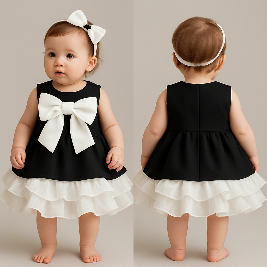 一歳の女の子着用画
ジャケット生地の黒のノンスリーブワンピース、丈は膝上
肩の部分、襟の部分が隠れるように白の大きなリボン
スカートの下の部分はしろで複数枚のオーガンジー(またはシフォン)生地を重ねたフリル
1枚1枚が軽く波打つようにカールしていて、花びらが重なったような立体感
バルーンのような丸みのあるシルエット
背中に装飾はなし
頭には白のカチューシャ
カチューシャにはちょっとした黒い装飾
一歳の女の子着用画
ジャケット生地の黒のノンスリーブワンピース、丈は膝上
肩の部分、襟の部分が隠れるように白の大きなリボン
スカートの下の部分はしろで複数枚のオーガンジー(またはシフォン)生地を重ねたフリル
1枚1枚が軽く波打つようにカールしていて、花びらが重なったような立体感
バルーンのような丸みのあるシルエット
背中に装飾はなし
頭には白のカチューシャ
カチューシャにはちょっとした黒い装飾, show front and back