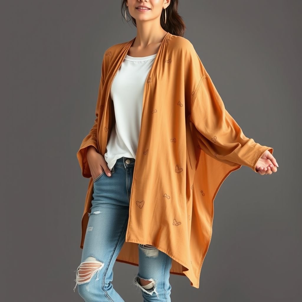 Long simple kimono with long sleeves but not in style of abaya
Design a relaxed, oversized kimono with flowing long sleeves, crafted from lightweight, breathable fabric in earthy tones. The garment features subtle, playful prints and a versatile open front. Pair it with a simple white tee and distressed denim for a chic, casual look, perfect for effortless day-to-night transitions.