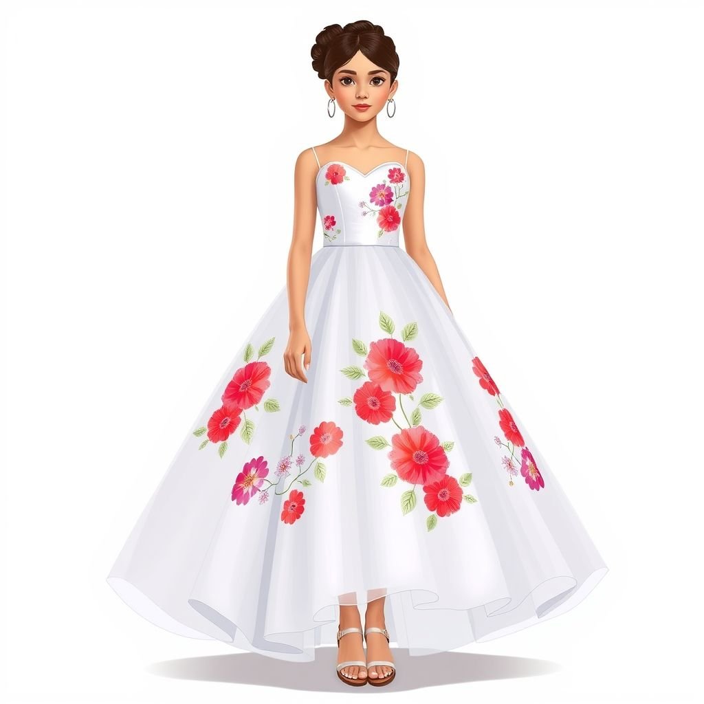 Cute teen girl wedding guest dress Latino style no over the shoulder
Design a playful yet elegant tea-length dress for a Latina teen featuring vibrant floral embroidery. The fitted bodice showcases a sweetheart neckline, while the flowing skirt dances with layers of soft tulle. Accessorize with delicate hoop earrings and strappy sandals, embodying youthful charm and festive spirit perfect for a wedding celebration.