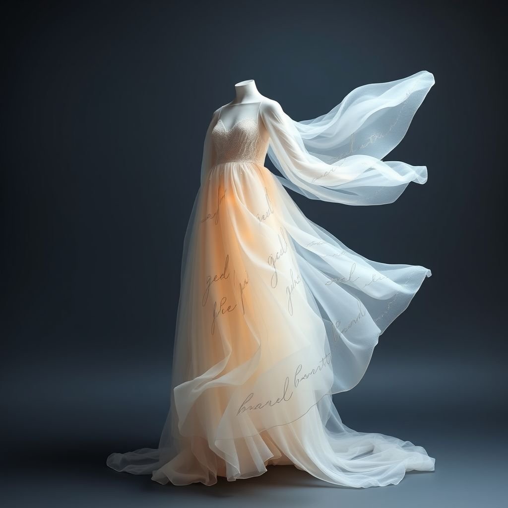 Design a gown inspired by the concept of a whispered prayer caught in the wind. The dress should be airy, weightless, and flowing as if made of moving air and sound itself. Use layers of translucent fabric in pale silvers, soft whites, and hints of sky blue, with wisps that trail like breath in cold air. Embedded in the fabric are faint, glowing script-like markings—ancient or angelic—fading in and out like echoes. The bodice is shaped like folded hands or soft wings, and the hemline ripples upward slightly, defying gravity. The overall feeling should be holy, haunting, and gentle—like a moment of stillness when Heaven leans in to listen.
Design an ethereal gown inspired by whispered prayers in the wind. Craft layers of translucent silk and chiffon in gradients of pale silver, soft white, and hints of sky blue. The flowing silhouette mimics breeze and sound, while delicate, glowing script markings—angelic whispers—dance across the fabric. The bodice evokes soft wings, and the hemline playfully flutters upward, creating a sense of weightlessness. Incorporate delicate embroidery resembling patterns of gentle clouds or feathered wings. Add a flowing train that cascades like a calming breeze, and enhance the ensemble with subtle, iridescent accessories that shimmer like fleeting memories, evoking a serene, otherworldly presence.