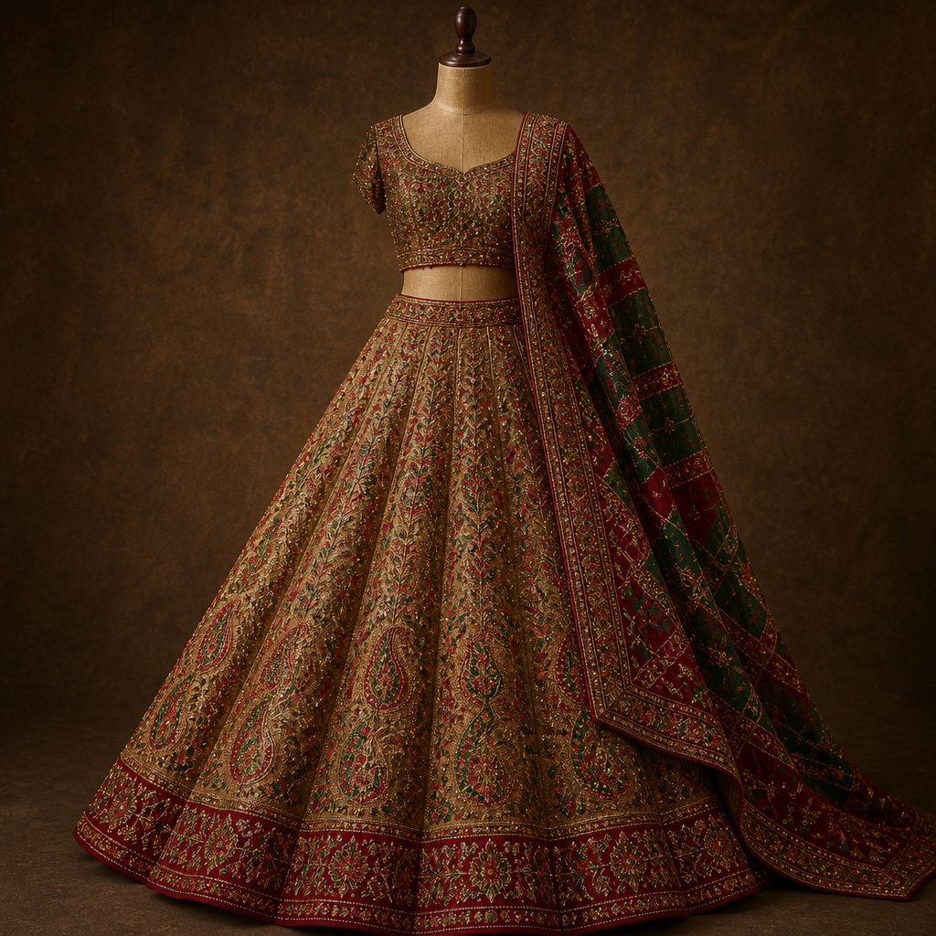 photorealistic fashion design, photorealistic fashion design, photorealistic fashion design, photorealistic fashion design, photorealistic fashion design, photorealistic fashion design, photorealistic fashion design, photorealistic fashion design, photorealistic fashion design, photorealistic fashion design, photorealistic fashion design, Dark golden shimmery tissue bridal lehenga with heavy flare and medium size paisley motifs in red green and golden kundan stone embroidery all over the lehenga. India fashion aesthetics., just the design no text. Refinement: Reduce the size of paisleys in this and make it in red colour with green and golden kundan embroidery , just the design no text. Refinement: Dark golden shimmery tissue bridal lehenga with heavy flare and small red paisley motifs all over in the lehenga , just the design no text. Refinement: Dark golden tissue shimmery bridal lehenga with heavy flare , just the design no text. Refinement: Make the border in dark red colour , just the design no text. Refinement: Give Red paisley motifs of medium size all over the lehenga , just the design no text. Refinement: Make the golden colour still darker in this same lehenga keeping everything else the same , just the design no text. Refinement: Make golden colour slightly lighter keeping everything else the same , just the design no text. Refinement: Make golden slightly darker keeping everything else the same , just the design no text. Refinement: Give Red and green gharchola Dupatta in this , just the design no text. Refinement: Cover this same lehenga in red and green embroidery all over the lehenga, just the design no text. Refinement: Make golden slightly darker
photorealistic fashion design, photorealistic fashion design, photorealistic fashion design, photorealistic fashion design, photorealistic fashion design, photorealistic fashion design, photorealistic fashion design, photorealistic fashion design, photorealistic fashion design, photorealistic fashion design, photorealistic fashion design, photorealistic fashion design, Dark golden shimmery tissue bridal lehenga with heavy flare and medium size paisley motifs in red green and golden kundan stone embroidery all over the lehenga. India fashion aesthetics., just the design no text. Refinement: Reduce the size of paisleys in this and make it in red colour with green and golden kundan embroidery , just the design no text. Refinement: Dark golden shimmery tissue bridal lehenga with heavy flare and small red paisley motifs all over in the lehenga , just the design no text. Refinement: Dark golden tissue shimmery bridal lehenga with heavy flare , just the design no text. Refinement: Make the border in dark red colour , just the design no text. Refinement: Give Red paisley motifs of medium size all over the lehenga , just the design no text. Refinement: Make the golden colour still darker in this same lehenga keeping everything else the same , just the design no text. Refinement: Make golden colour slightly lighter keeping everything else the same , just the design no text. Refinement: Make golden slightly darker keeping everything else the same , just the design no text. Refinement: Give Red and green gharchola Dupatta in this , just the design no text. Refinement: Cover this same lehenga in red and green embroidery all over the lehenga, just the design no text. Refinement: Make golden slightly darker , just the design no text