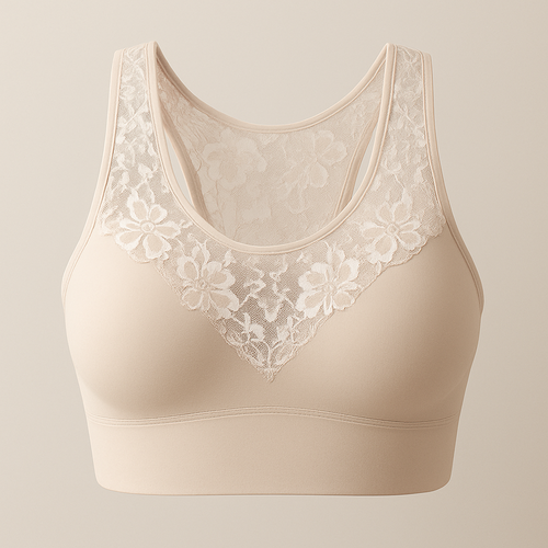 “Elegant women’s sports bra blending performance fabric with transparent lace details. Sculpting fit, floral lace overlay on neckline and straps, soft beige and white tones, premium seamless design, photographed in studio lighting, minimalist background.”