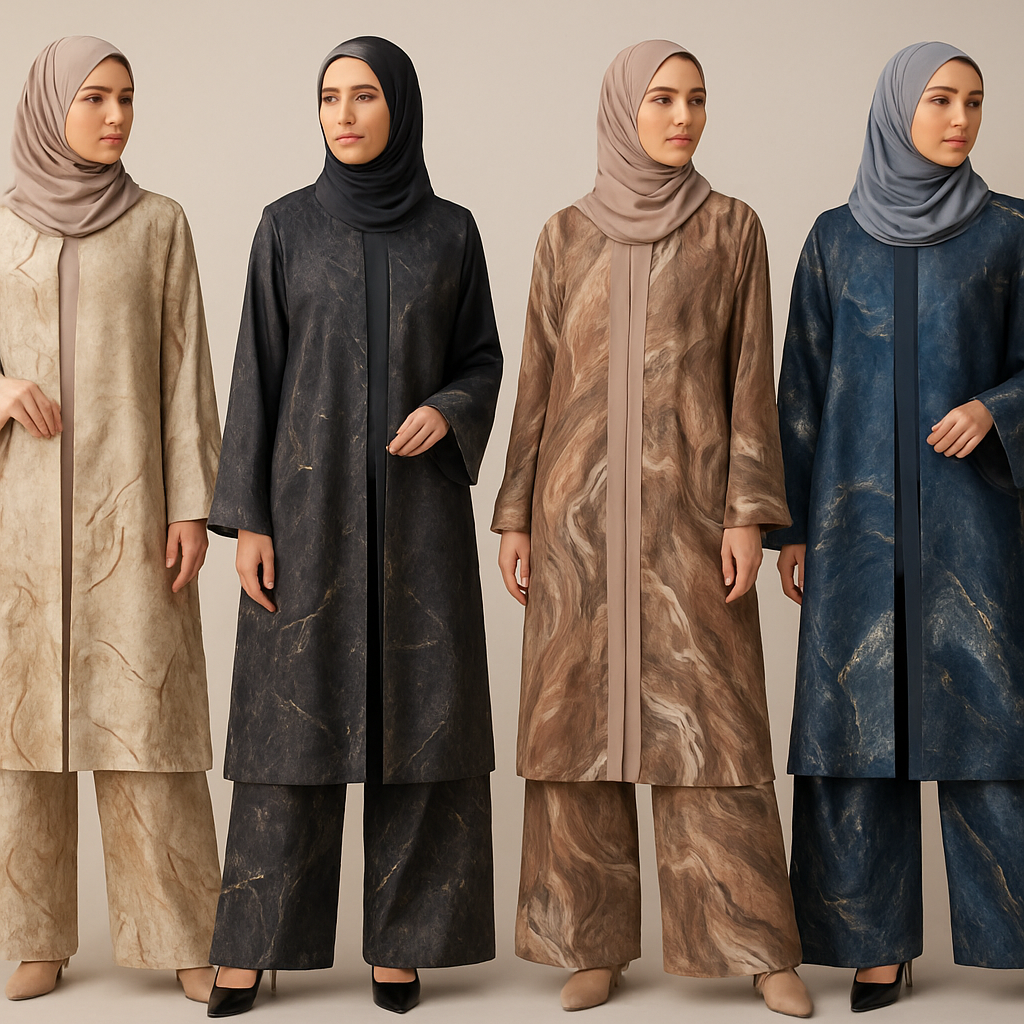 Create a modest abaya and loose pant, first of its kind, featuring a unique stone design that exudes a classy and sophisticated vibe. I'd like four designs, each showcasing different styles and fabrics. Incorporate high-end, unique chic stone designs to make them truly special. Add little sophisticated stone designs. Make it irresistible!

Create a modest abaya and loose pant, first of its kind, featuring a unique stone design that exudes a classy and sophisticated vibe. I'd like four designs, each showcasing different styles and fabrics. Incorporate high-end, unique chic stone designs to make them truly special. Add little sophisticated stone designs. Make it irresistible!