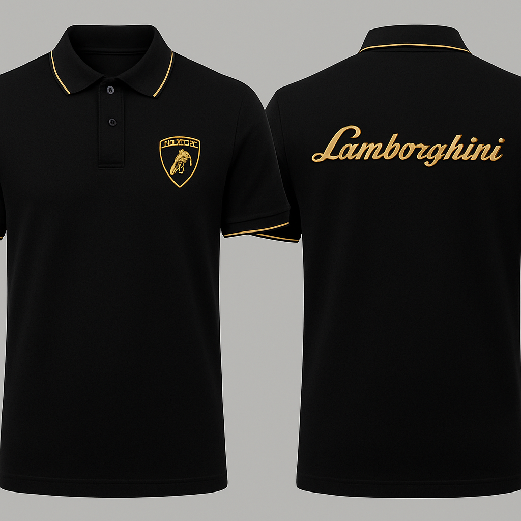 Chomba negra, detalles dorados con logo y nombre lamborghini
Chomba negra, detalles dorados con logo y nombre lamborghini, formal style, show front and back