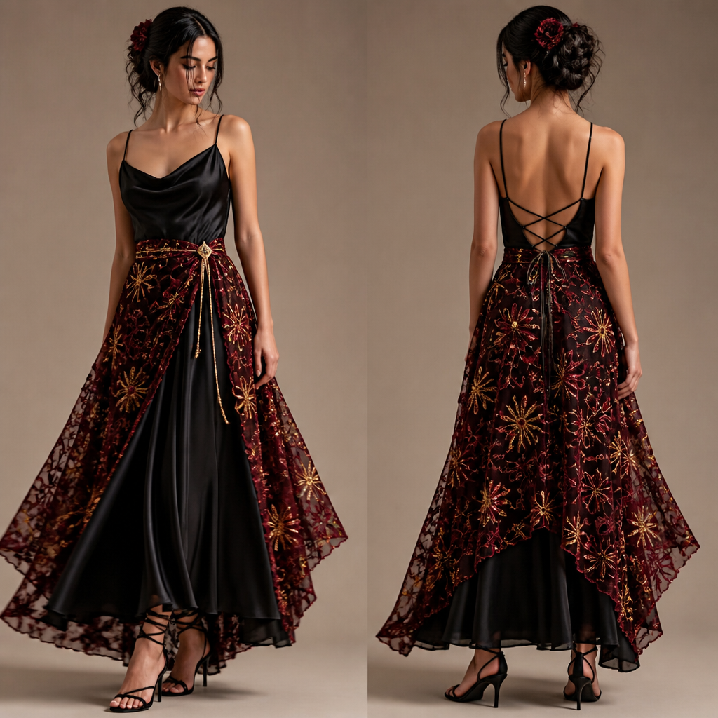 A Female Dress design, suitable for Summer. فستان حرير ل أسود مع تنور بطاقتين حرير فوقها حريشة ورود محمدية عنابي وذهبي مع صندل أسود برباط طويل شعر ويفي و قلادة Sirineذهبية مع دبوس شعر ورد محمدي عنابي
photorealistic fashion design, A Female Dress design, suitable for Summer. فستان حرير ل أسود مع تنور بطاقتين حرير فوقها حريشة ورود محمدية عنابي وذهبي مع صندل أسود برباط طويل شعر ويفي و قلادة Sirineذهبية مع دبوس شعر ورد محمدي عنابي, just the design no text