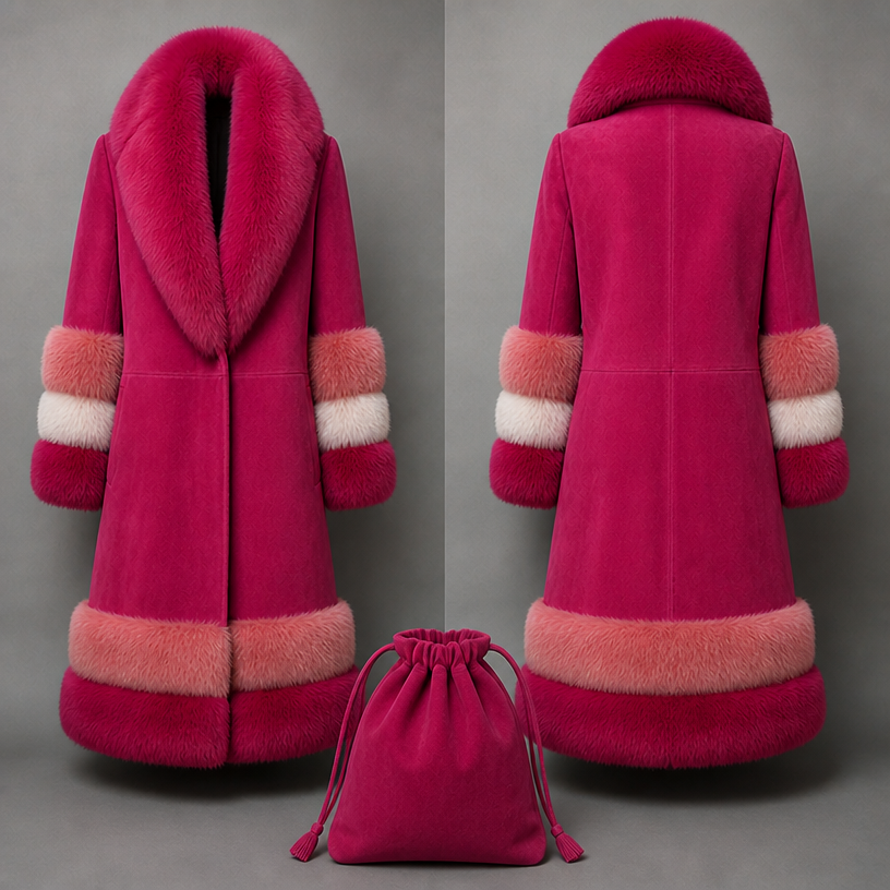 Add a matching drawstring bag made of suede matching the coat
edit the attached fashion design with these instructions: Add a matching drawstring bag made of suede matching the coat. keep it photorealistic, just the design no text