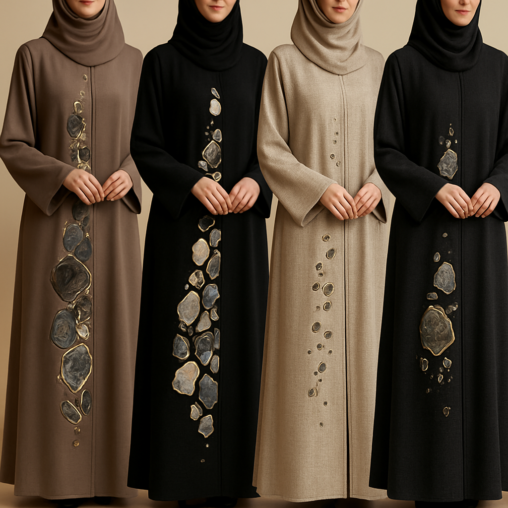 Create a modest abaya, first of its kind, featuring a unique stone design that exudes a classy and sophisticated vibe. I'd like four designs, each showcasing different styles and fabrics. Incorporate high-end, unique chic stone designs to make them truly special. Add little sophisticated stone designs. Make it irresistible for customers
Create a modest abaya, first of its kind, featuring a unique stone design that exudes a classy and sophisticated vibe. I'd like four designs, each showcasing different styles and fabrics. Incorporate high-end, unique chic stone designs to make them truly special. Add little sophisticated stone designs. Make it irresistible for customers