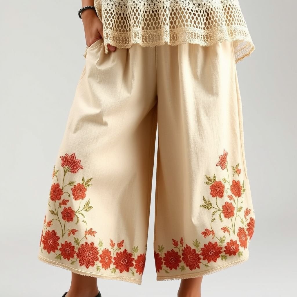 Loose linen pants
Design a pair of loose linen pants with an ethereal, bohemian flair. Incorporate intricate, hand-embroidered floral patterns in earthy tones along the cuffs and pockets. Add a flowing, wide waistband for comfort, and seamless side slits for a whimsical touch. Pair with a flowing, oversized crochet top for a relaxed, free-spirited look.