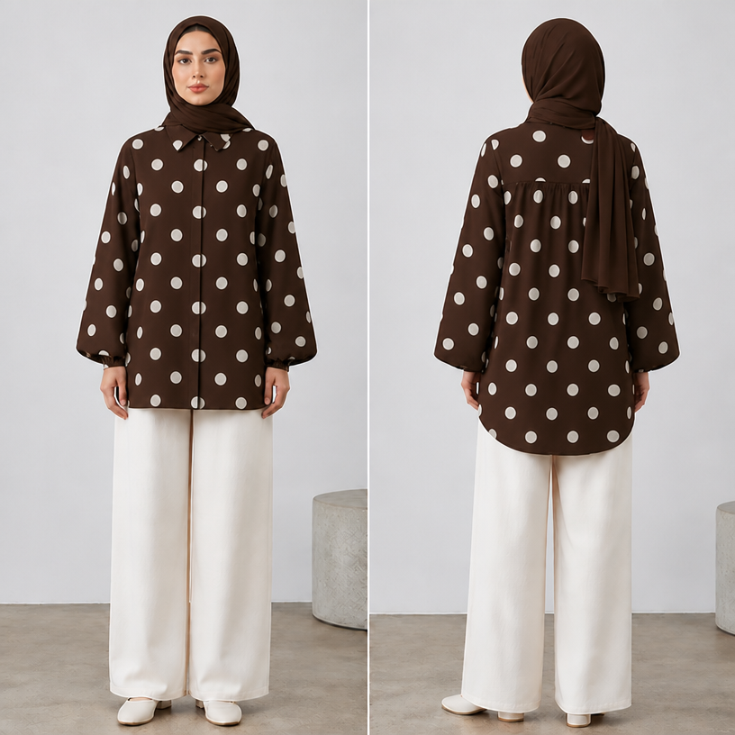 The white dots to be medium size
edit the attached fashion design with these instructions: The white dots to be medium size. keep it photorealistic, just the design no text