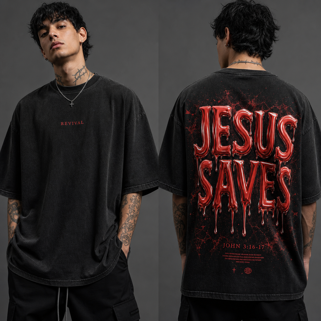 oversized streetwear t-shirt, black vintage washed fabric, front minimal design with small clean text Revival on chest, subtle and modern, back large bold typography JESUS SAVES in liquid chrome glossy 3D effect, red metallic texture, melting and fluid letters, high contrast on black background, grunge texture with light dust and abstract red accents, small text JOHN 3:16-17 below, modern christian streetwear aesthetic, edgy and powerful design, premium cotton fabric, high detail, realistic fabric texture, front and back view, on model, studio lighting
Streetwear fashion design: **Oversized black cotton t-shirt with a vintage wash.**
**Front:** "Revival" in small, clean text.
**Back:** Large, bold "JESUS SAVES" in red metallic liquid chrome 3D effect. Melting letters, high contrast on black. Grunge texture with dust and abstract red accents. "JOHN 3:16-17" below.
**Fit:** Relaxed.
**Aesthetic:** Modern Christian streetwear, edgy.
**Visuals:** Studio lighting, on model, front and back view.