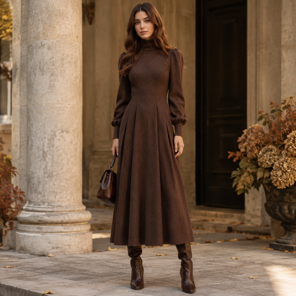 A Dress design, suitable for Fall. IQ fashion aesthetics. Current season is Autumn in IQ. Present it as professional fashion catalogue photography: the garment is the subject, shown full-length with editorial styling, neutral posing and tasteful, non-suggestive framing.
photorealistic fashion design, A Dress design, suitable for Fall. IQ fashion aesthetics. Current season is Autumn in IQ. Present it as professional fashion catalogue photography: the garment is the subject, shown full-length with editorial styling, neutral posing and tasteful, non-suggestive framing., just the design no text