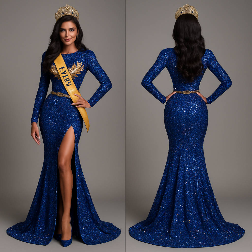 Create a luxurious full-body mermaid gown for a beauty queen from Zulia. The gown is mainly deep royal blue, fully covered in sparkling gemstones. It has long sleeves and a high slit starting from the waist down one leg. Add short golden wing-shaped details on the chest, like flames rising upward, and a twisted golden belt made of crystals around the waist. The gown must shine with blue and gold stones, with just a few purple highlights for depth. The look should express power, fire, and Miss Grand International energy — glamorous, confident, and fierce on stage.”
Create a luxurious full-body mermaid gown for a beauty queen from Zulia. The gown is mainly deep royal blue, fully covered in sparkling gemstones. It has long sleeves and a high slit starting from the waist down one leg. Add short golden wing-shaped details on the chest, like flames rising upward, and a twisted golden belt made of crystals around the waist. The gown must shine with blue and gold stones, with just a few purple highlights for depth. The look should express power, fire, and Miss Grand International energy — glamorous, confident, and fierce on stage.”
, show front and back