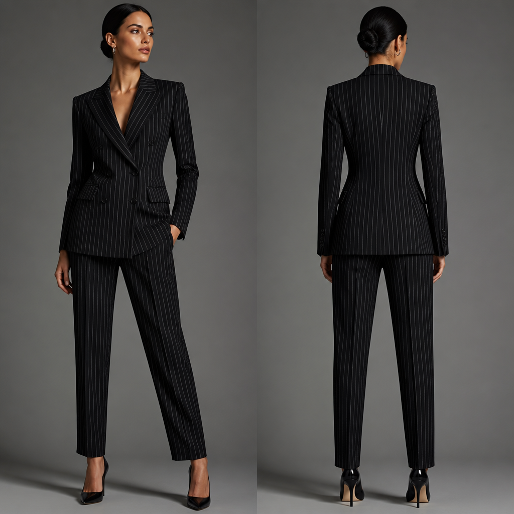 Double breasted suit in black pinstripes with shoes to match
photorealistic fashion design, Double breasted suit in black pinstripes with shoes to match , glamorous style, just the design no text, show front and back