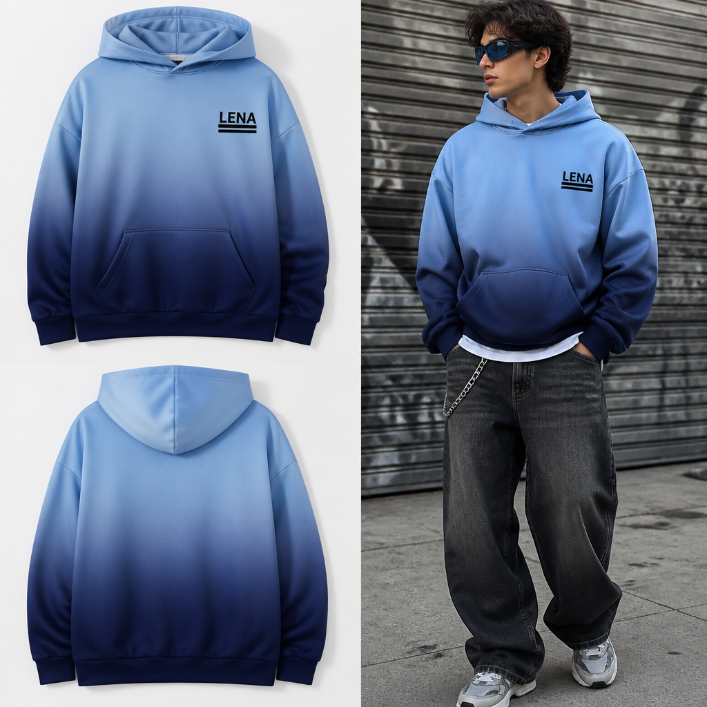 A Unisex Top design, made of Silk, for Streetwear, suitable for Fall, in Y2K + Streetwear style. maak een hoodie waarvan de hoodie blauw is, maar onderaan is het donkerderblauw dan bovenaan, onderaan donker bovenaan licht en het gaat langzaam en smooth van donker naar licht. zorg dat er linksboven aan de voorkant de text: LENA staat met 2 strepen eronder, de bovenste streep net iets groter dan de onderste, en dat moet in het zwart en laat ook 1 afbeelding zien op een model
photorealistic fashion design, A Unisex Top design, made of Silk, for Streetwear, suitable for Fall, in Y2K + Streetwear style. maak een hoodie waarvan de hoodie blauw is, maar onderaan is het donkerderblauw dan bovenaan, onderaan donker bovenaan licht en het gaat langzaam en smooth van donker naar licht. zorg dat er linksboven aan de voorkant de text: LENA staat met 2 strepen eronder, de bovenste streep net iets groter dan de onderste, en dat moet in het zwart en laat ook 1 afbeelding zien op een model, y2k style, just the design no text, show front and back