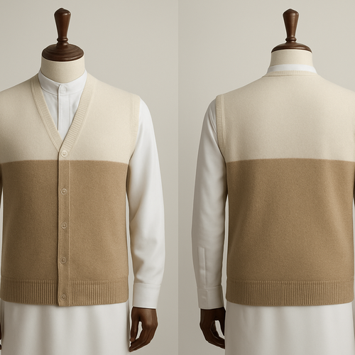 
‏Prompt 1 — Minimal Classic (Ivory puffy / Warm Beige)
‏Photorealistic two-tone cashmere vest with a clean V-neck and horizontal chest color split; top Ivory and bottom Warm Beige; ultra-fine matte cashmere texture, 1cm narrow ribbing, hidden buttons; subtle tonal jacquard inside collar; worn over a pristine white Saudi thobe visible underneath; displayed on an elegant polished wooden mannequin; soft studio lighting; neutral seamless background; editorial fashion photography, high-detail fabric.