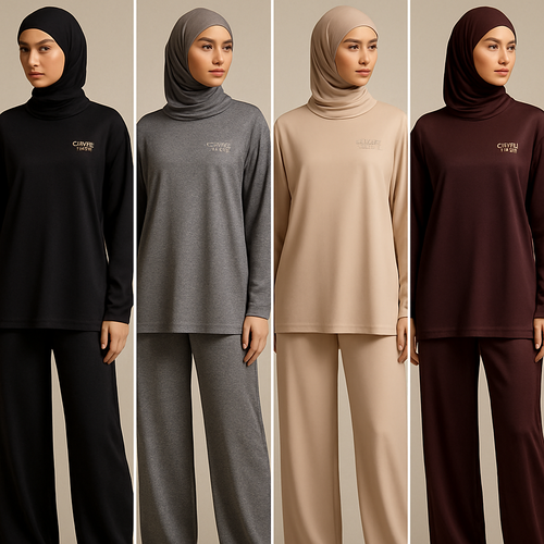 Create a revolutionary women’s modest loose gym wear brand called “Modest Fleur”. Display the brand name on the  in a unique design on the upper right side, in small thick writing that exudes a classy and sophisticated vibe. I’d like four designs, each showcasing different styles and fabrics, with high-end, chic designs to make them truly special.