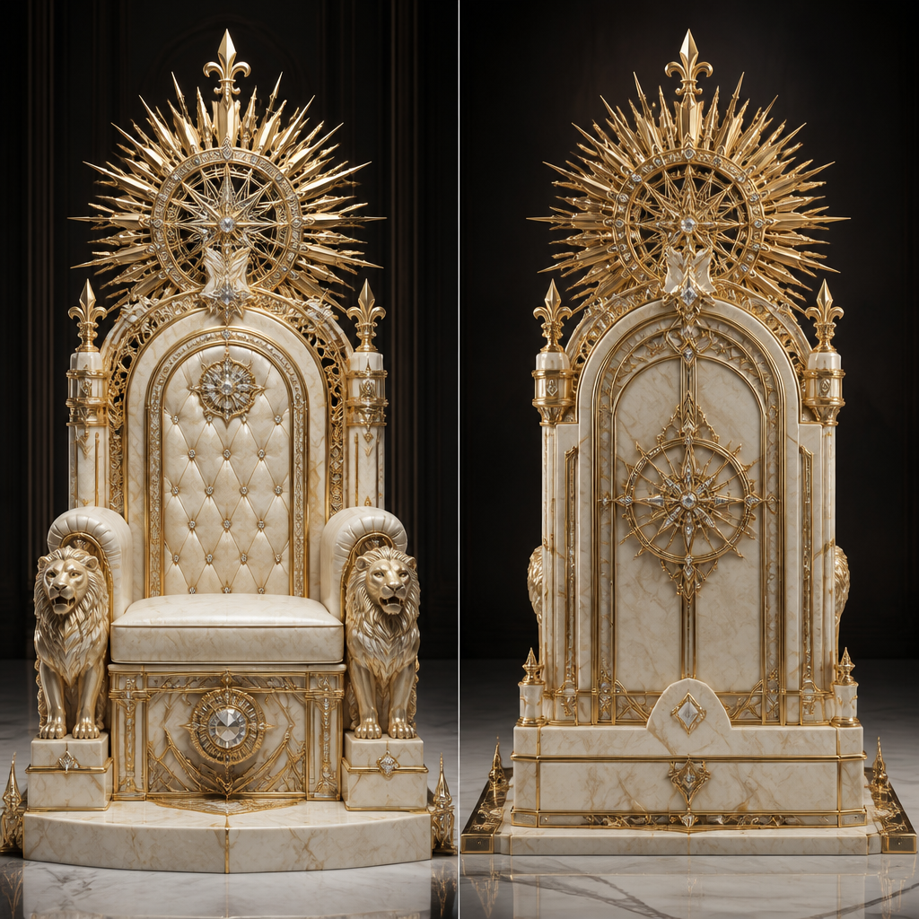 Design the royal throne of Queen Henriette, carved from ivory marble and decorated with champagne-gold architectural details. The throne features geometric royal motifs, precious gemstone inlays, sculpted lions, and elegant symmetry. Behind the throne rises a magnificent sunburst halo inspired by royal emblems and sacred geometry. The design must communicate authority, elegance, wisdom, and timeless luxury. Ultra-realistic royal furniture design, palace interior, cinematic lighting, masterpiece craftsmanship, front view.
photorealistic fashion design, Design the royal throne of Queen Henriette, carved from ivory marble and decorated with champagne-gold architectural details. The throne features geometric royal motifs, precious gemstone inlays, sculpted lions, and elegant symmetry. Behind the throne rises a magnificent sunburst halo inspired by royal emblems and sacred geometry. The design must communicate authority, elegance, wisdom, and timeless luxury. Ultra-realistic royal furniture design, palace interior, cinematic lighting, masterpiece craftsmanship, front view., just the design no text, show front and back