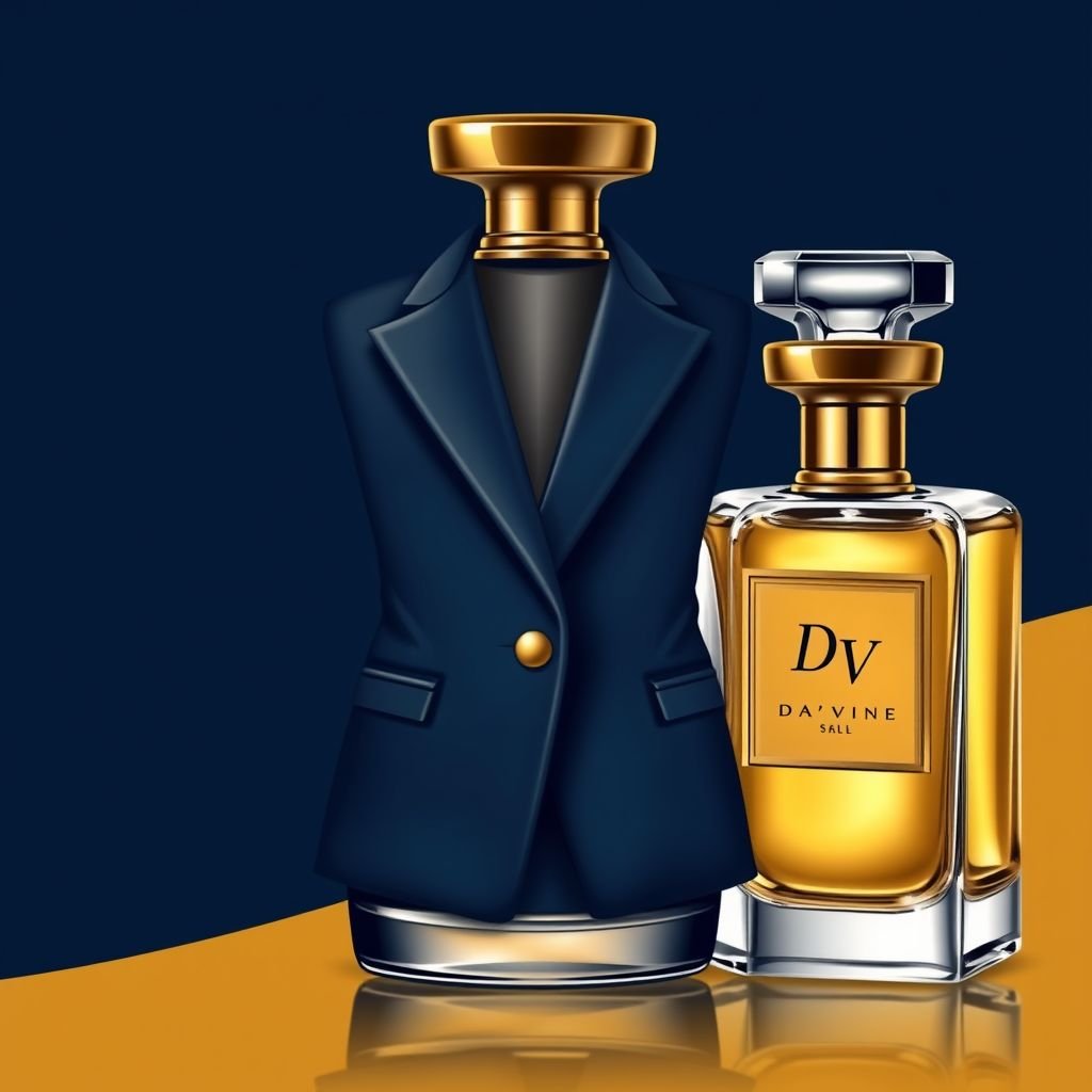 perfume bottle with the name “Da’Vine” on it. With DV on it.
Design a chic business attire ensemble inspired by the elegance of a perfume bottle labeled “Da’Vine.” Incorporate a tailored blazer embellished with the initials “DV” subtly embossed, paired with a sleek pencil skirt. Use a luxurious color palette, incorporating deep blues and golds, reflecting sophistication in a corporate environment.