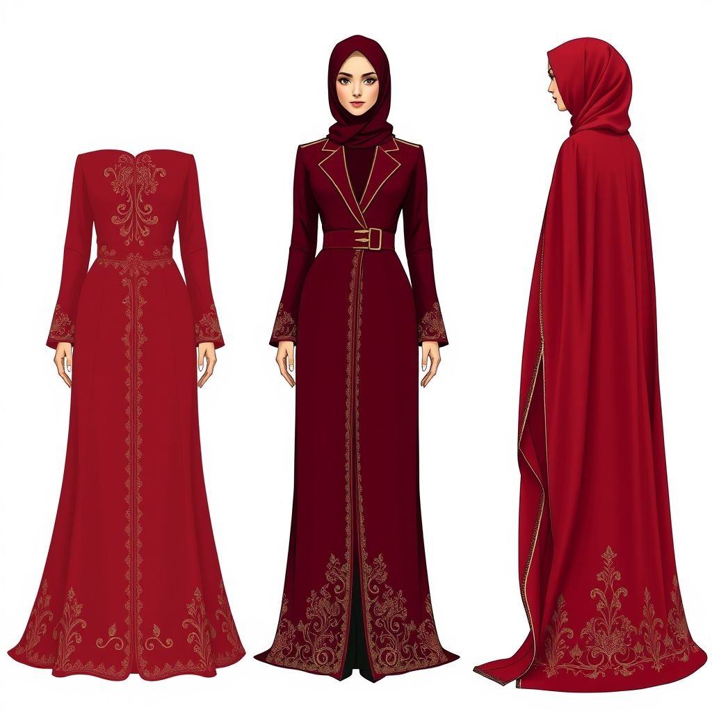 Dark red abaya with a suit style elegant with red shaila
Design a luxurious dark red abaya mimicking a tailored suit silhouette, featuring structured shoulders and a cinched waist for an elegant touch. Incorporate intricate gold embroidery along the edges, inspired by traditional Middle Eastern motifs. Pair it with a flowing red shaila, adorned with delicate beadwork, for a stunning, harmonious look.