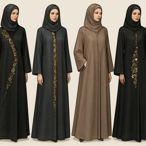 Create a modest abaya that's the first of its kind, featuring a unique stone design that exudes a classy and sophisticated vibe. I'd like four designs, each showcasing different styles and fabrics.
Incorporate high-end, unique chic stone designs to make them truly special. Add a little sophisticated stone work to it.