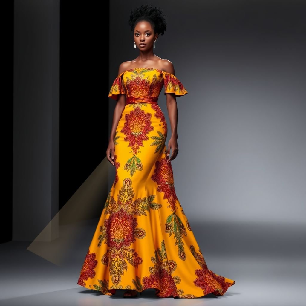 A formal dress with an African print that has a style and it’s beautiful
Design a stunning formal evening gown featuring intricate African print patterns in a rich, vibrant color palette. The dress should have a structured silhouette, with a fitted bodice and an elegant, flowing skirt. Accentuate the look with off-the-shoulder sleeves and a cinched waist, ensuring a sophisticated yet culturally inspired aesthetic.