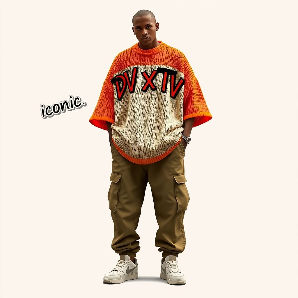 A orange and beige two toned crochet shirt, that says “DV X TV” on it, with the word “iconic” in a circle on left
Design an oversized streetwear crochet shirt in vibrant orange and soft beige, featuring the bold phrase “DV X TV” across the chest in graffiti-inspired typography. On the left side, include a striking circular patch emblazoned with the word “iconic.” Pair with loose-fit cargo pants and statement sneakers for an effortlessly cool look.