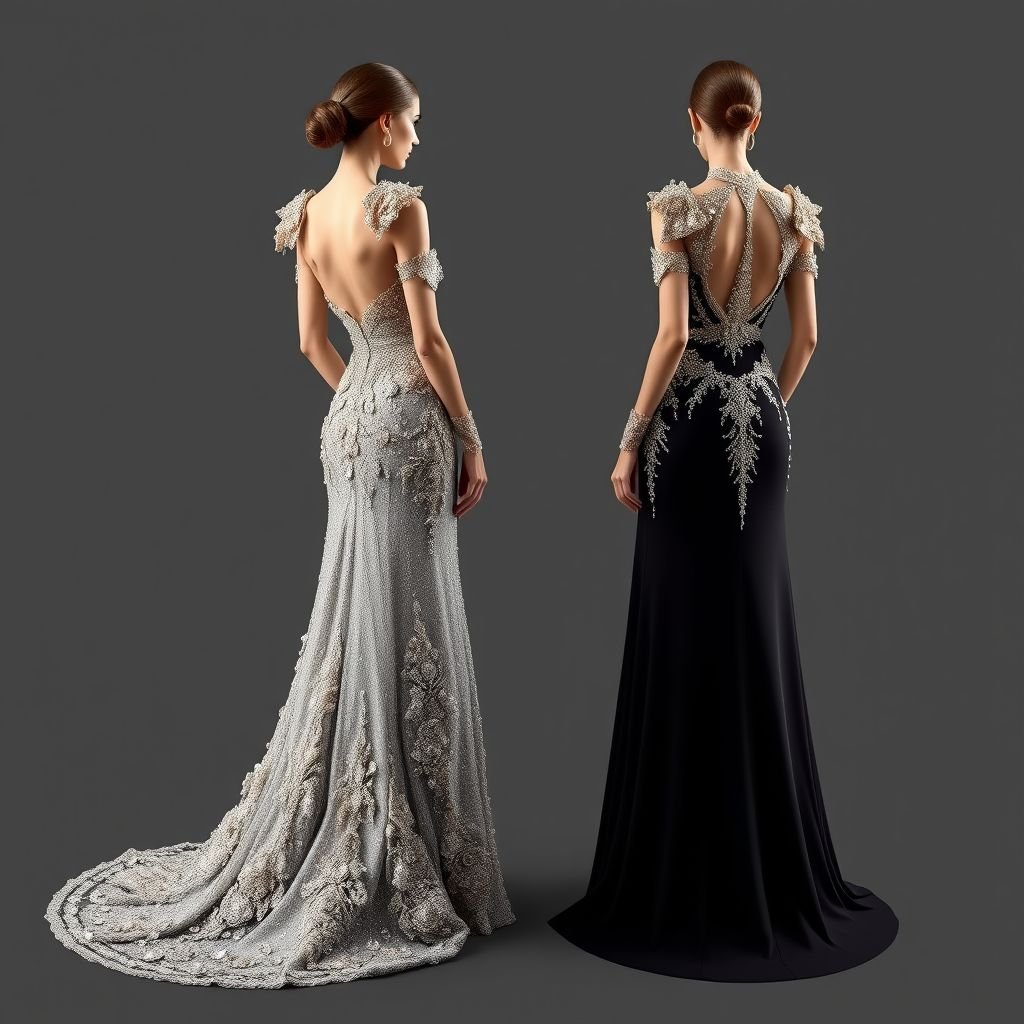 I want a long richly beaded dress with 3d structures I want 3 option and all full length . around the shoulder and hip
Design a lavish full-length gown adorned with opulent beadwork, featuring intricate 3D structures cascading around the shoulders and hips. Option one flaunts an elegant off-shoulder silhouette, while option two boasts a stunning high neckline with a dramatic cape. Option three showcases a daring plunging back, all exuding luxury and sophistication.