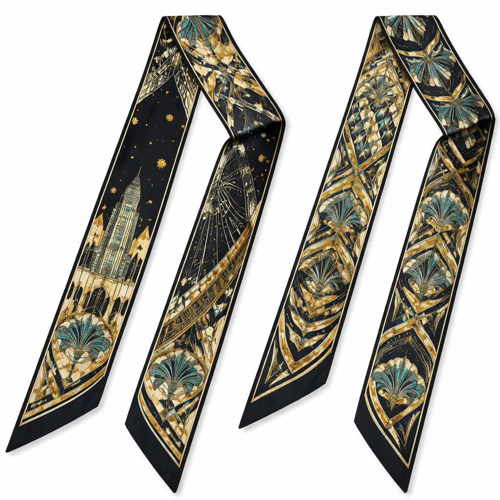 Design a silk scarf that is 5x86cm to be wrapped around the top handle of a bag. It’s needs to have an art deco vibe to it which is a nod to Kansas City, MO. No words or logos more simple and elegant
Design a silk scarf that is 5x86cm to be wrapped around the top handle of a bag. It’s needs to have an art deco vibe to it which is a nod to Kansas City, MO. No words or logos more simple and elegant , classic style, show front and back