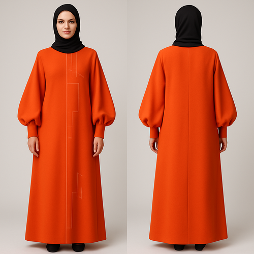 modern, abaya dress in a bold color. Features statement sleeves and minimalist, geometric embroidery. Stylish, modest, and perfect for everyday wear. And that is not out there yet. Making the designs high end that will stand out for my clothing brand “The Modest Fleur”