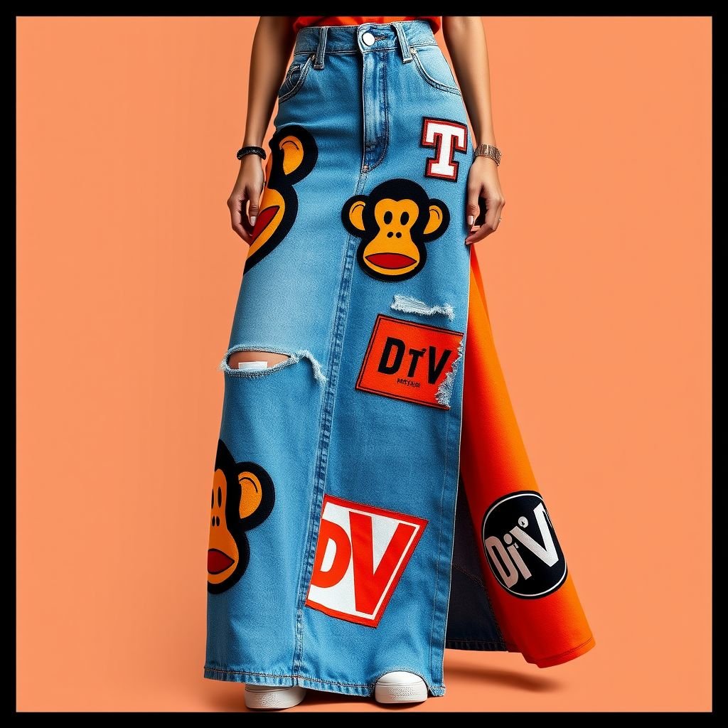 Do a collab with my brand “Da’Vine” or “DV” and “Paul frank” with the monkey symbol. Create a Maxi denim skirt and create a design for the collab on it! With “DV” somewhere on it. Make it orange and blue
Design a striking maxi denim skirt that melds the playful essence of Paul Frank's iconic monkey with the urban flair of Da’Vine. Incorporate bold orange and blue hues, along with oversized graphic patches featuring the monkey symbol, and subtly integrate the “DV” logo. Highlight streetwear aesthetics with unique stitching and distressed details.
