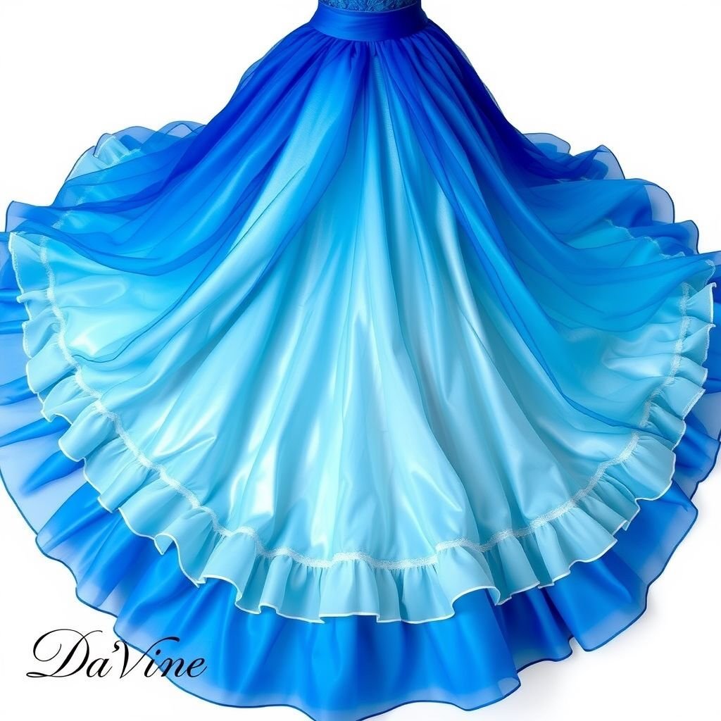 Can you create me a ruffled. The dress should flare out some at the bottom. With the colors, baby blue iridescent mermaid, royal blue iridescent mermaid, and white. With Iridescent Mermaid Scale Gradient Organza Fabric With Pleats And Ruffles For Decoration. Put Da’Vine in the bottom left corner of screen.
Design an exquisite, elegant gown featuring a stunning iridescent mermaid scale gradient organza fabric. The dress should gracefully cascade into a voluminous flared bottom adorned with delicate pleats and ruffles, harmonizing the soft baby blue and regal royal blue. Accentuate with white detailing for added sophistication. Signature "Da’Vine" elegantly embedded in the bottom left corner.