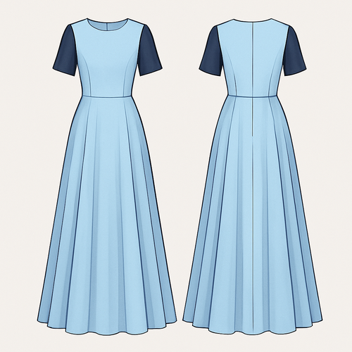 kan je een grote lange jurk maken in het licht blauw met beetje zwart en marine blauw korten mouwen met een lange rok
