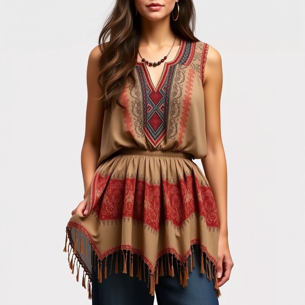 A sleeveless blouse with asymmetrical wavy ends and elastic midsection
Design a flowing, sleeveless blouse embodying boho chic, featuring asymmetrical wavy hemlines that evoke a sense of relaxed elegance. The elastic midsection gently cinches for a flattering fit. Adorned with intricate embroidery, earthy tones, and delicate fringe details, this blouse captures a carefree spirit, perfect for layering with oversized cardigans and maxi skirts.