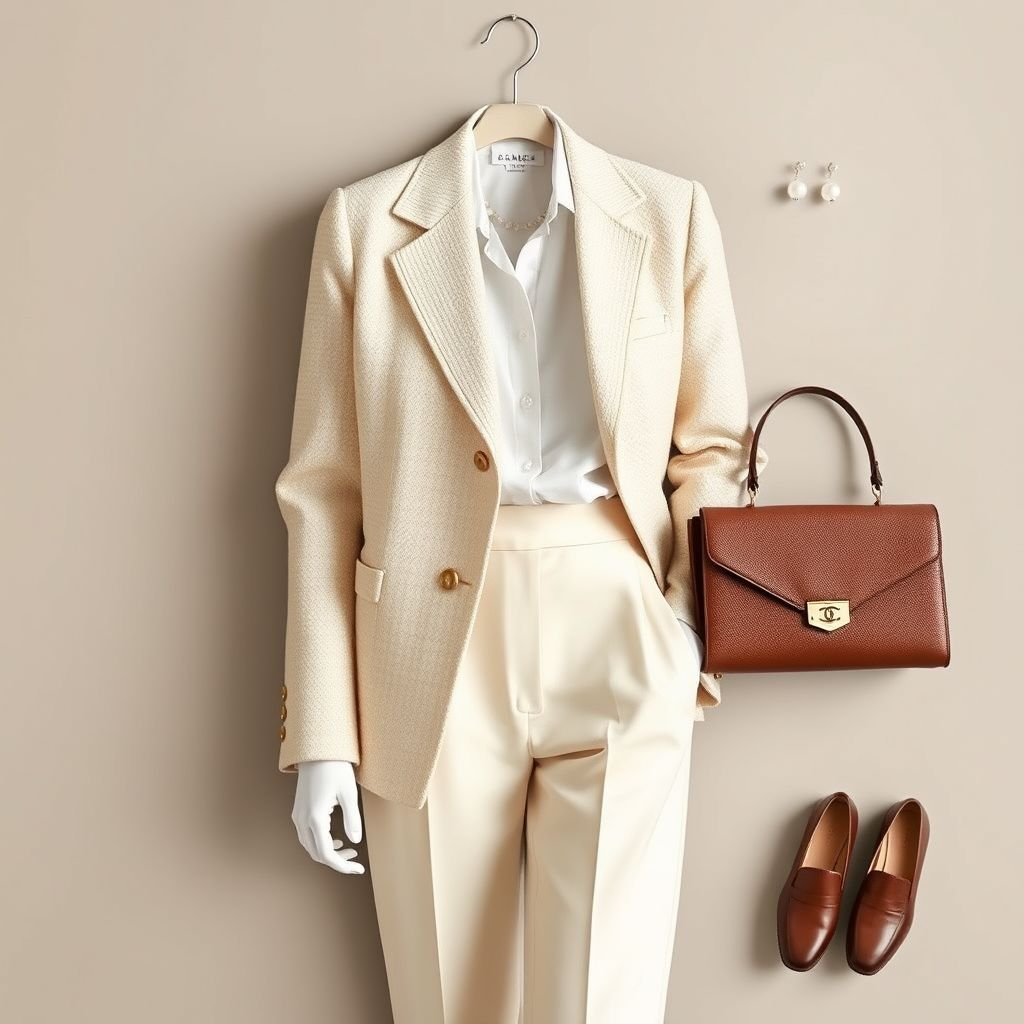 Chic like canel light colors old money
Design a classic fashion ensemble inspired by "old money" aesthetics, featuring a tailored cream tweed blazer with gold button accents, a crisp white silk blouse, and high-waisted tailored trousers. Accessorize with a vintage leather handbag, pearl earrings, and soft leather loafers, embodying timeless elegance in luxurious light hues reminiscent of Chanel.