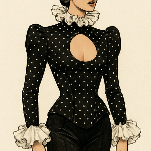 A body fitted corset poca dotted top with high shoulders fitted long sleeves ruffled white flower on sleeves end and around the neck and an oval opening around the breast region