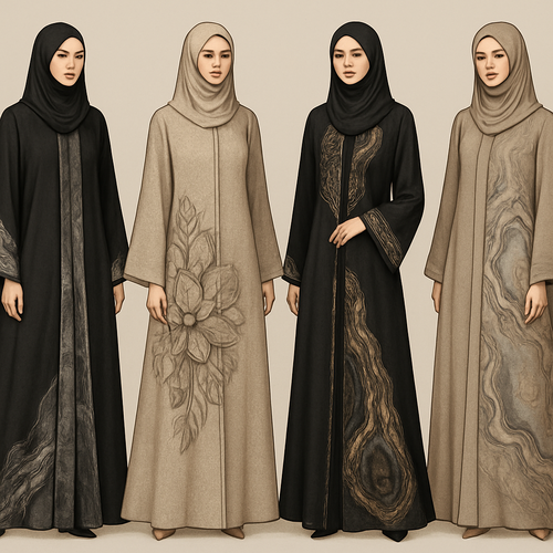 Create a modest abaya that's the first of its kind, featuring a unique stone design that exudes a classy and sophisticated vibe. I'd like four designs, each showcasing different styles and fabrics.Incorporate high-end, unique chic stone designs to make them truly special. And add little cute touch of sophisticated stone designs. Add huge flower and unique designs.