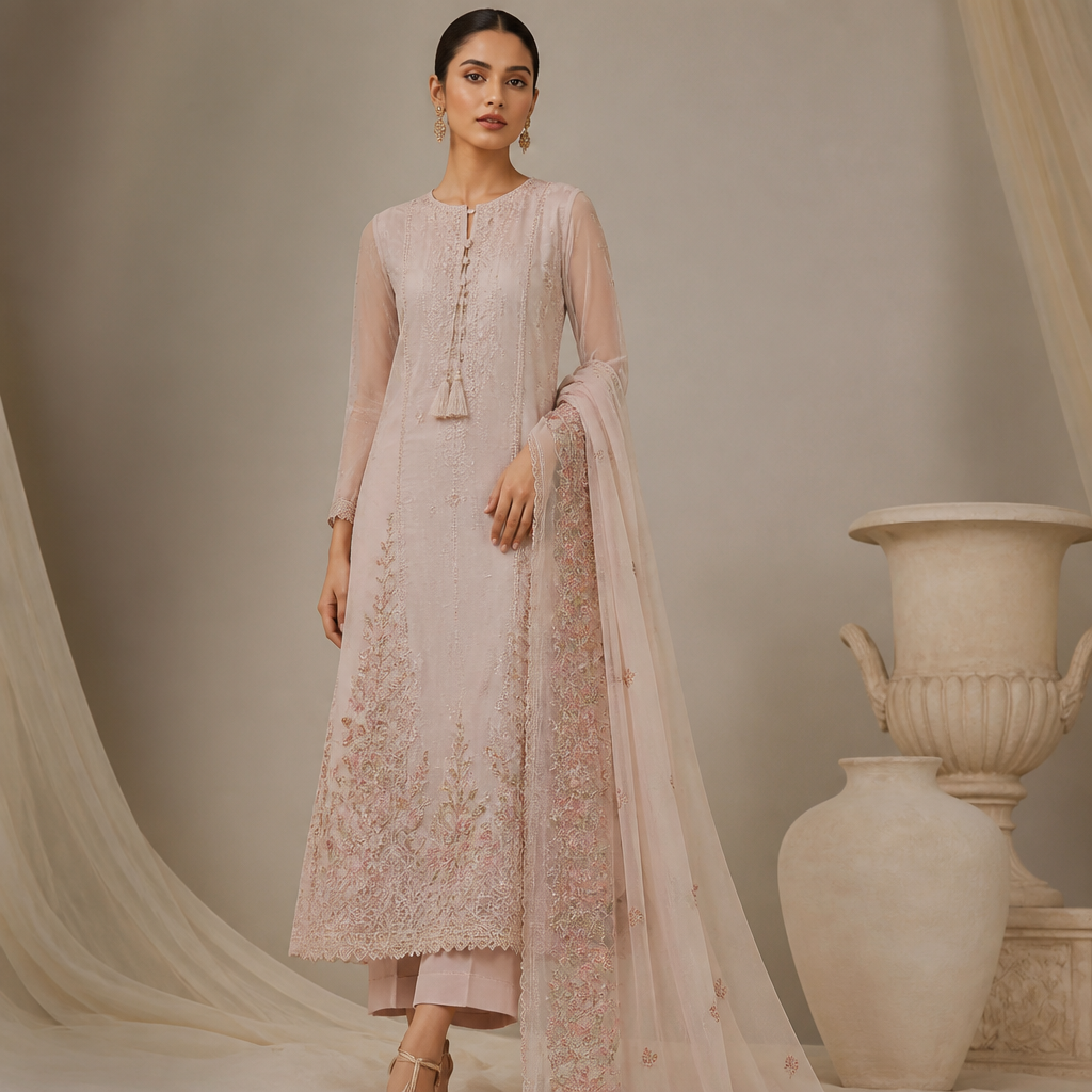 A Female Dress design, suitable for Summer, in Formal style. Pakistan fashion aesthetics.
photorealistic fashion design, A Female Dress design, suitable for Summer, in Formal style. Pakistan fashion aesthetics., formal style, just the design no text