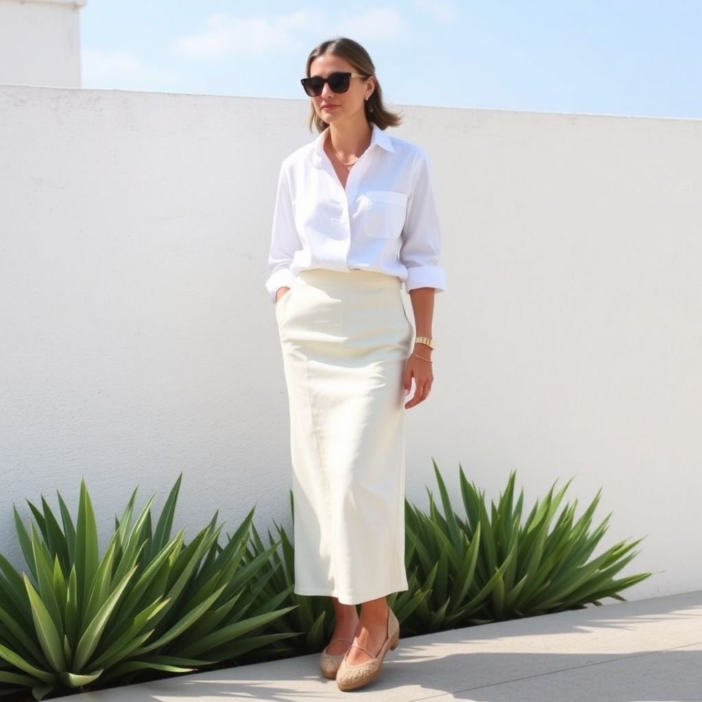 Cotton summer Resort loose long pishtan pencil skirt clean shiv and shirt and wear style channel chic comfy
Design a classic summer resort ensemble featuring a lightweight cotton long pishtan pencil skirt in a subtle pastel hue, paired with a crisp white shirt that highlights elegant tailoring. Incorporate Chanel-inspired chic elements, with a loose yet sophisticated silhouette. Accessorize with minimalist gold jewelry and comfortable espadrilles for a timeless, refined look.