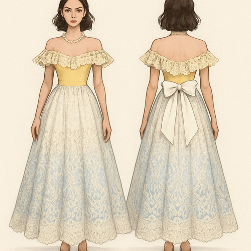 With yellow, elegant, white blue dress, something you wear on the beach with pearls and lots of lace and a big white bow