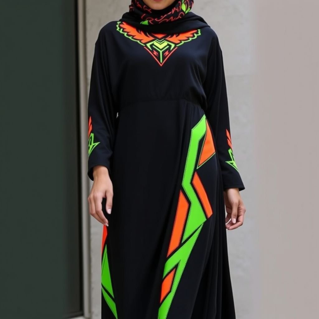 Picture a modern abaya in a sleek, black fabric, perfect for the youth. The design incorporates bold, geometric embroidery in vibrant neon colors like electric blue and hot pink. The embroidery is strategically placed along the sleeves and hem, creating a stylish and edgy look. A matching hijab with a subtle neon trim completes the outfit, making it both fashionable and fun.
Imagine a contemporary abaya crafted from luxurious, flowing black silk that gracefully drapes around the figure. Adorned with striking, angular geometric embroidery in eye-catching neon hues—vivid greens and radiant oranges—this design offers a fresh twist. The slim-fit silhouette features a high slit for a daring edge, while a coordinating hijab showcases a playful neon pattern, ensuring a chic and youthful ensemble that celebrates individuality and modernity in timeless style. Perfect for urban settings, this bold look transcends traditional boundaries, embodying a vibrant fusion of cultural heritage and contemporary fashion.