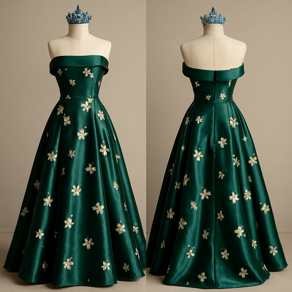 A beautiful dark green dress silky, shiny fabric with white flowers, scattered throughout beautiful and shiny glimmer in the sun strapless with a collar on a mannequin and a beautiful blue crown on the mannequin
A beautiful dark green dress silky, shiny fabric with white flowers, scattered throughout beautiful and shiny glimmer in the sun strapless with a collar on a mannequin and a beautiful blue crown on the mannequin, formal style, show front and back