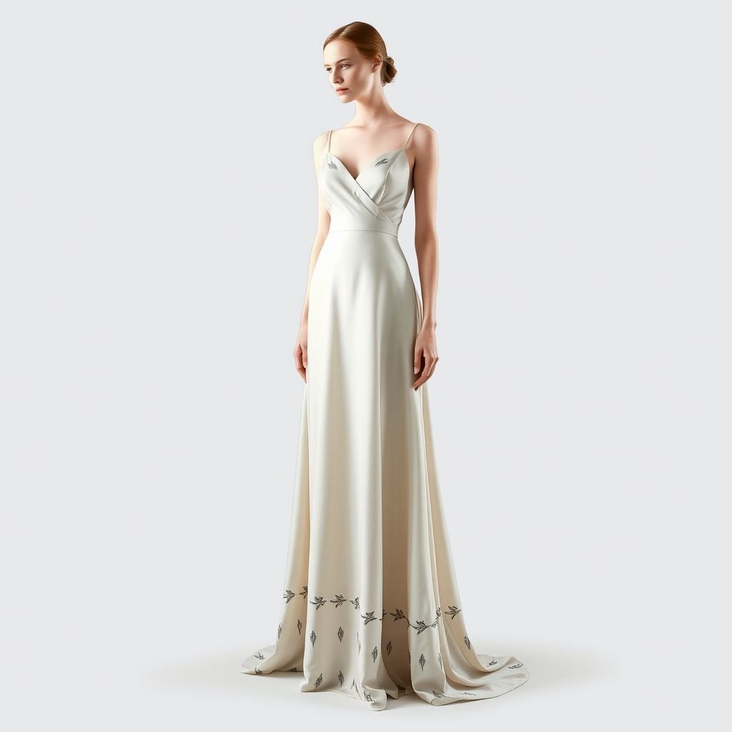 À gown with vintage material with a little bit of color
Design a minimalist gown crafted from vintage silk, prioritizing clean lines and an elegant silhouette. The fabric features subtle color accents, like a soft pastel overlay or delicate monochrome patterns. The neckline is understated, and the hem falls gracefully to the floor, embodying simplicity and timeless beauty while enhancing femininity.