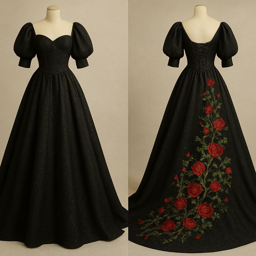 Glittery wedding dress,black color, 1/3 sleeves puffy sleeves. With red roses and green vines embroidered cascading down the back of the dress flowing along the train. Corset top and lace up back.