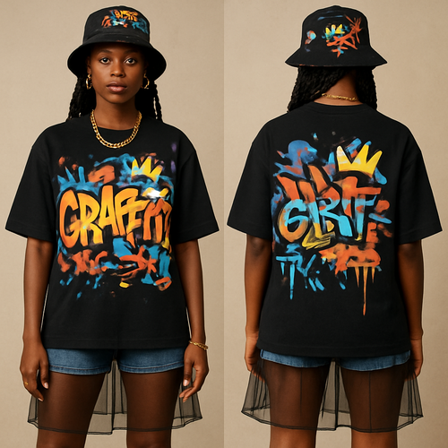 Black woman 
Graffiti shirt
Shorts 
See through skirt 
hat with design 
Gold jewelry 

