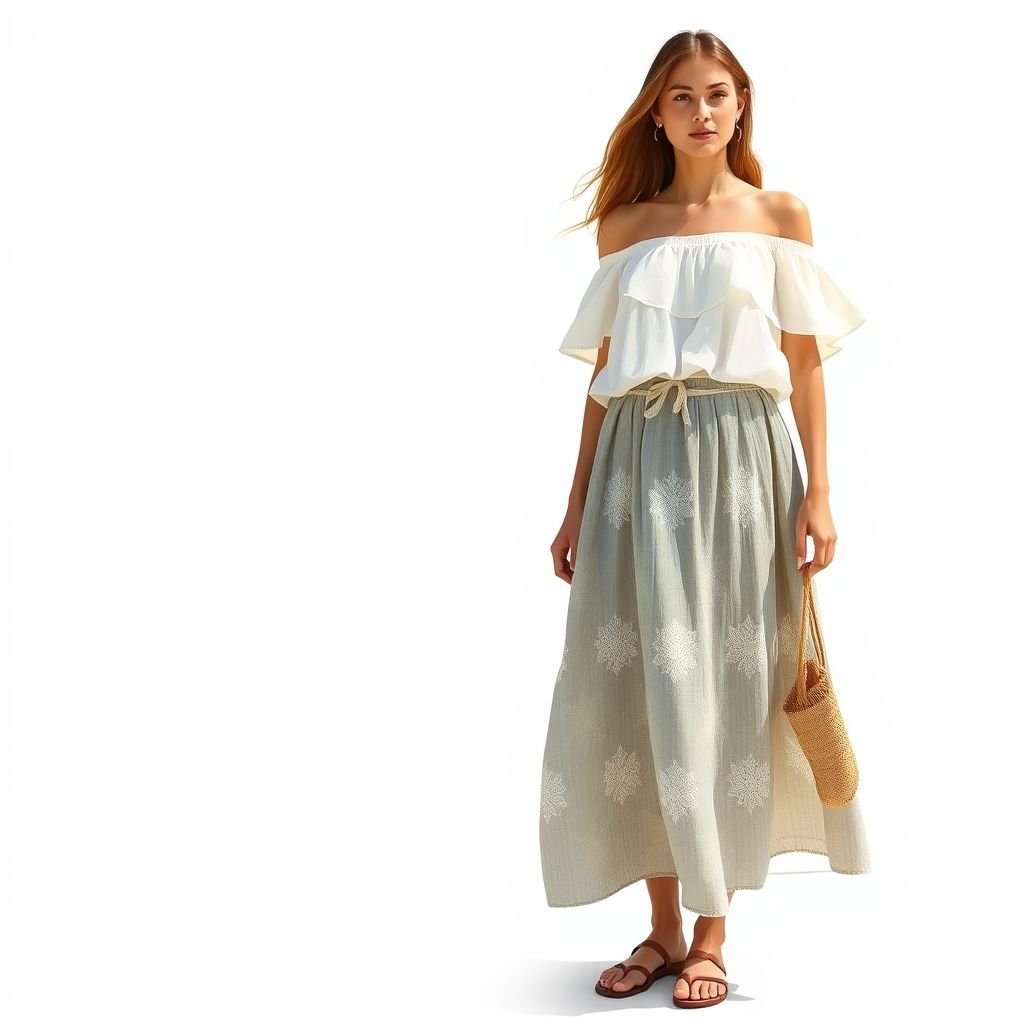 חצאית כותנה גרסה יוונית פשוטה מפשתן
Design a resort-inspired ensemble featuring a simple, elegant Greek-style cotton skirt made of lightweight linen. Incorporate flowing layers with subtle draping, adorned with delicate embroidered patterns reminiscent of Mediterranean motifs. Pair it with a breezy, off-the-shoulder top in soft pastel hues, perfect for beachside strolls and sun-soaked gatherings.