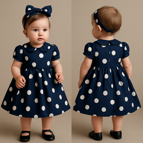 一歳の女の子着用画
暗い紺色ベースに大きめの白い水玉模様の
ロカビリーワンピース
他はセンスよくお任せで
頭には服とリンクしたカチューシャつけて