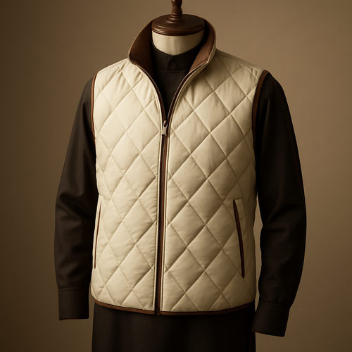 
"Photorealistic product shot of an original men's quilted shell down gilet (not a copy of any existing brand). Gilet in ivory (hex #F5F1E6) with warm brown accents (hex #6B4C3B), oversized diagonal diamond quilting, detachable standing collar lined with Pakistani pashmina, matte nylon shell, matte metal two-way zipper, and contrast brown piping. Display the gilet worn over a traditional Saudi winter thobe in very dark brown (almost black) on an elegant polished wooden mannequin. Studio lighting: soft directional key light from the left, subtle rim light, warm neutral background, shallow depth of field, realistic fabric texture and stitching close-ups, full-body product shot plus close-up detail shots, high resolution, natural color grading, luxury catalogue style."