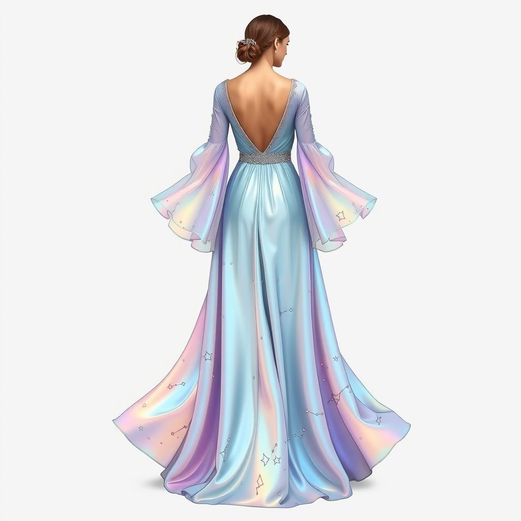 Dress
Design an ethereal, flowy maxi dress inspired by celestial bodies. It features iridescent fabric that changes color with movement, adorned with hand-embroidered constellations. The gown has a deep V-back, cascading bell sleeves, and a shimmering silver belt that cinches the waist, evoking the elegance of a starlit night sky.