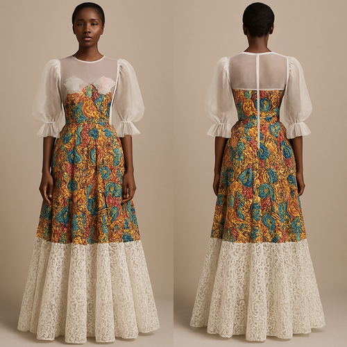 I want an organza fabric at the top of a colorful Ankara princess dart gown with Swiss lace fabric with pleats at the sleeves and at around the knee all the way to the floor on a real mannequin or a dark skin human. 
